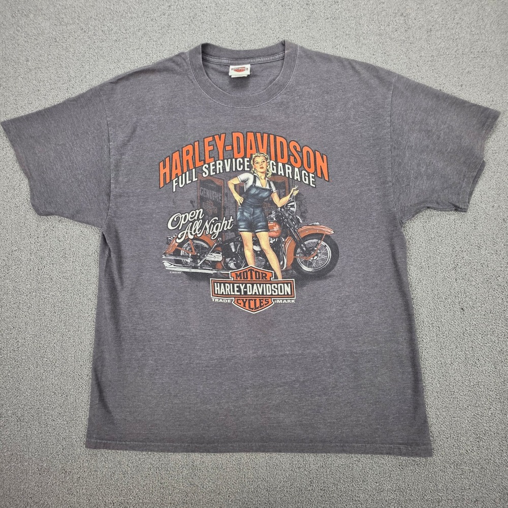 Harley-Davidson Mens XL Pinup Girl Garage T-Shirt Columbia TN Gray 2012 Hanes